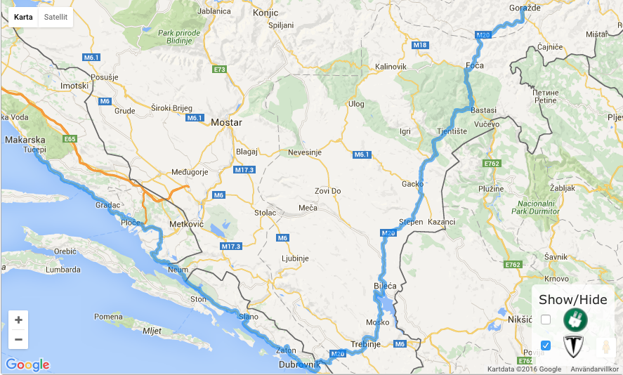 Ursprungsrutt 345km med möjlighet till laddning i Dubrovnik